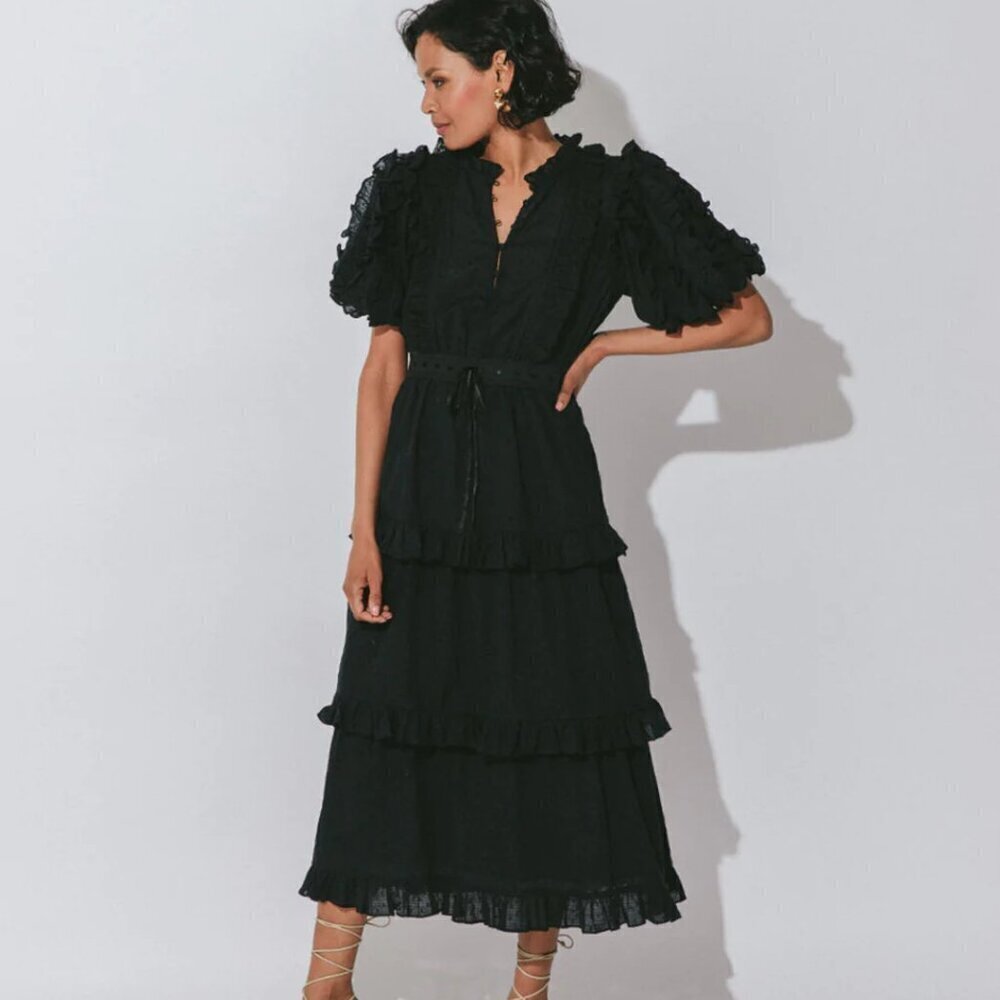 Cleobella Brigitte Midi Ruffled Bubble Sleeve Smocked Tiered Dress Black, Medium